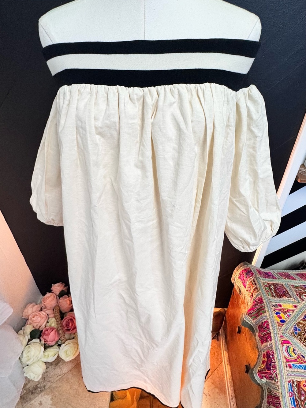 STYLEWE Cream Of-The-Shoulder Puff Sleeve Dress with Black Trim - Picture 5 of 12